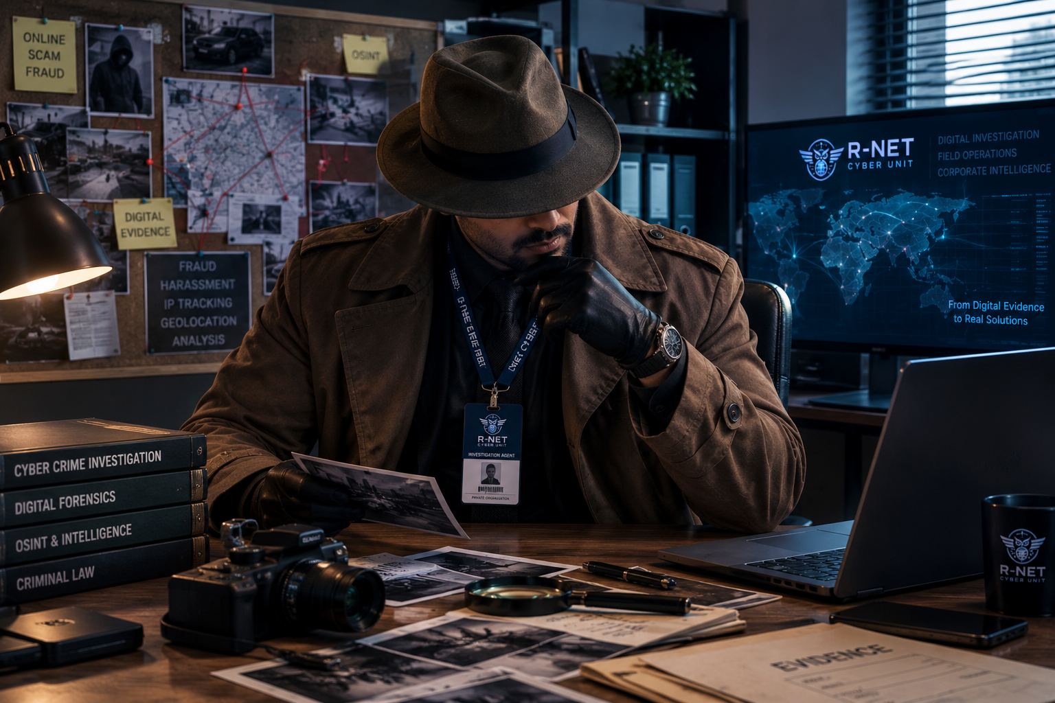 Detective-style spy agent portrait for the R-NET identity card
